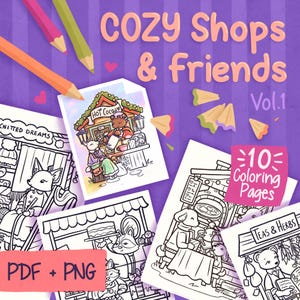 Tiendas acogedoras y amigos: puestos de mercado adorables y personajes animales para colorear y relajarse / 10 páginas para colorear digitales