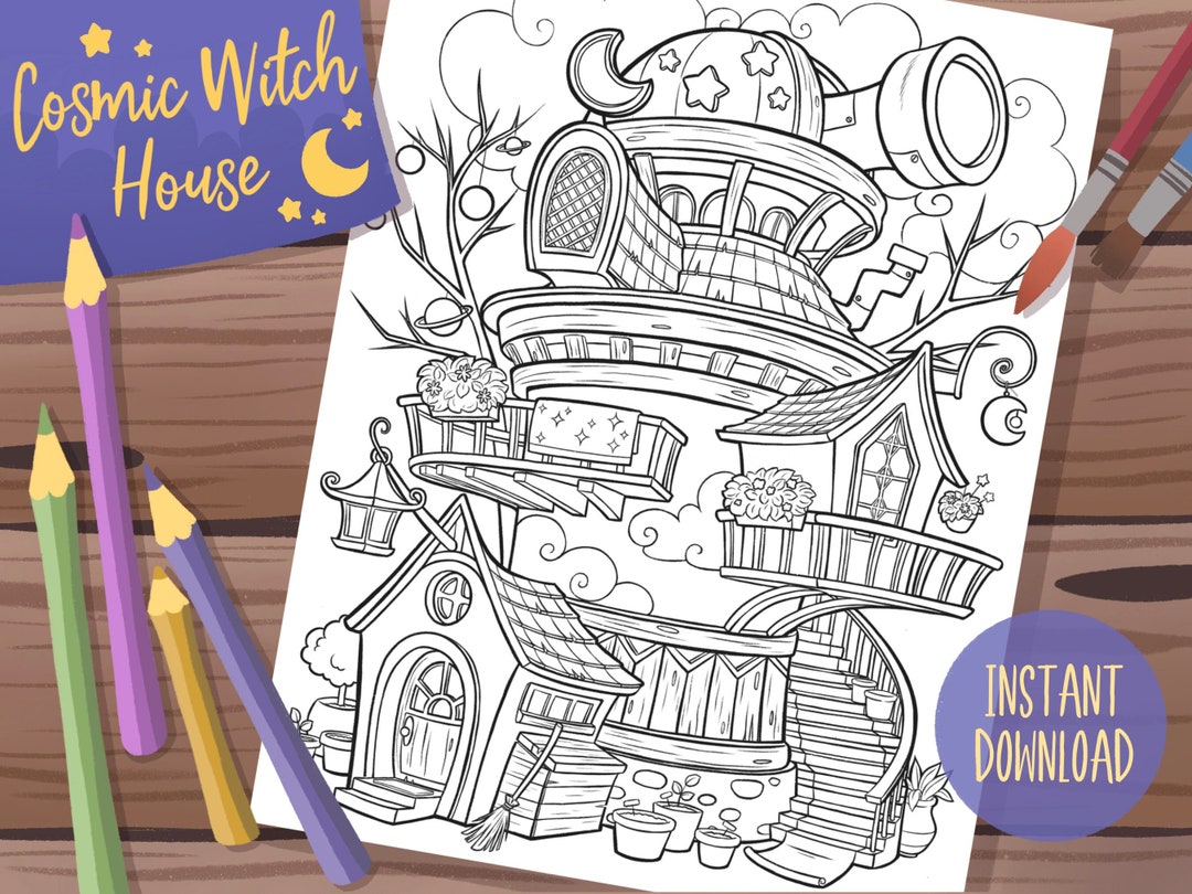 Cosmic Witch House Coloring Page | Printable Coloring Page for Adults ...