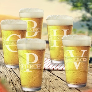 Personalized Etched Groomsmen Gift Set of 5 Split Monogram Pint Glass Beer Mugs | Best Man Proposal Gifts