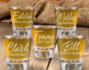 Set of 5 Personalized Script Shot Glasses Groomsmen Proposal Gifts from Groom Custom Wedding Engraved Shot Glasses Bachelor Party Gifts