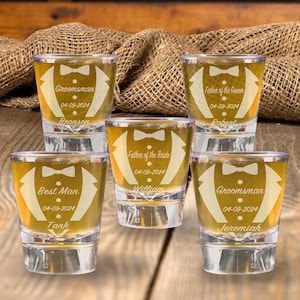 Set of 5 Personalized Tuxedo Bowtie Shot Glasses Groomsmen Proposal Gifts Groom Custom Wedding Engraved Shot Glasses Bachelor Party Gifts