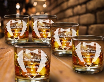 Personalized Etched Whiskey Glasses: Set of 5 Tuxedo Groomsmen Gifts