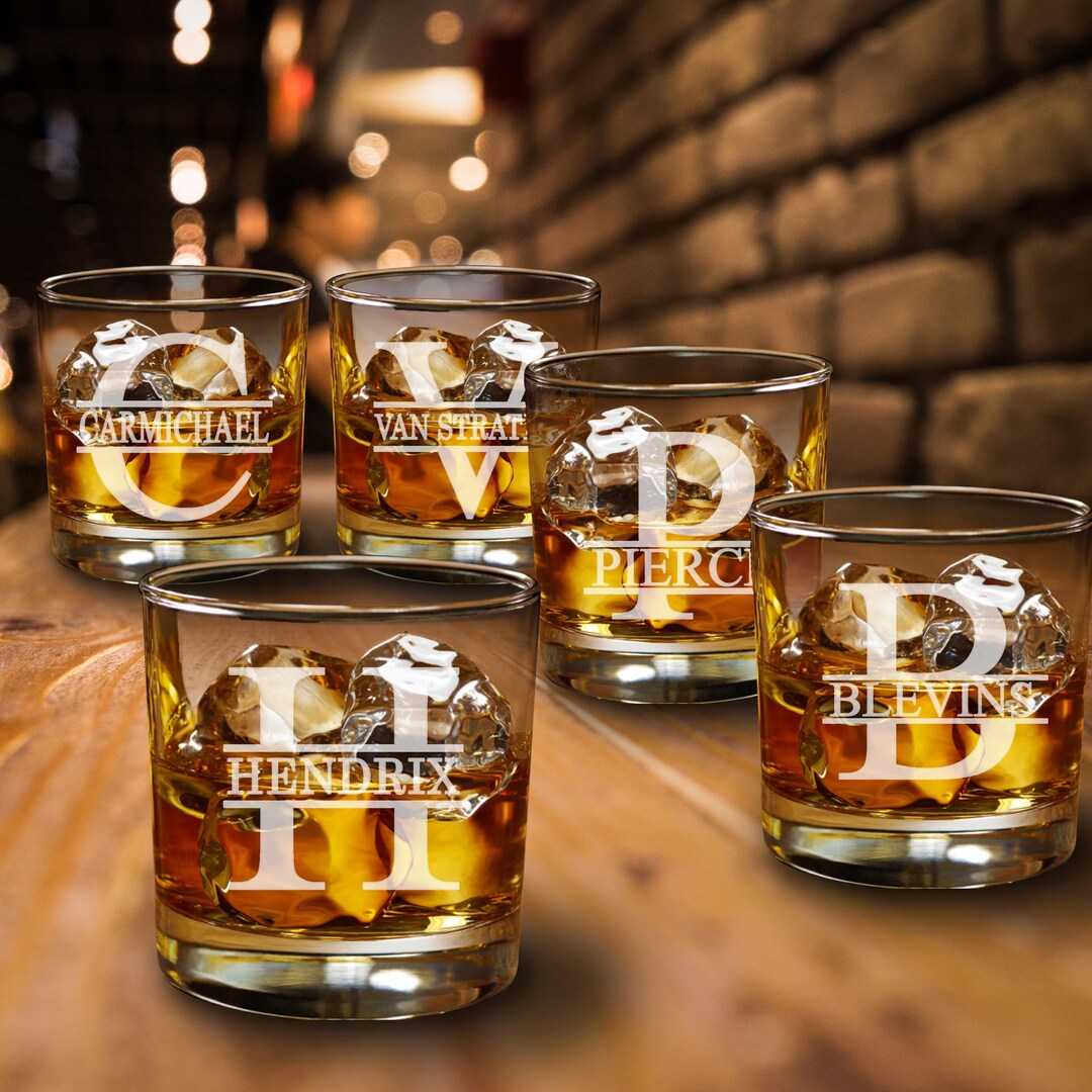 Personalized Etched Set of 5 Groomsmen Gift Roman Design Whiskey Glass ...