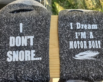 Funny Father's Day Gift Socks I Don't Snore I Dream I'm a Motor Boat New Daddy Soon to Be Men's gag gift socks Fishing gift for husband Dad