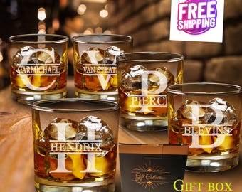 Personalized Etched Whiskey Glasses - Set of 5, Groomsmen Gift