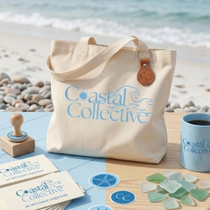 Könnte beinhalten: Eine cremefarbene Canvas-Tragetasche mit hellblauem Coastal Collective-Logo, einem Lederanhänger, einem hellblauen Becher, einem Holzstempel, einem Stapel Visitenkarten, runden Aufklebern und grünen Meerglasstücken auf einer Oberfläche.