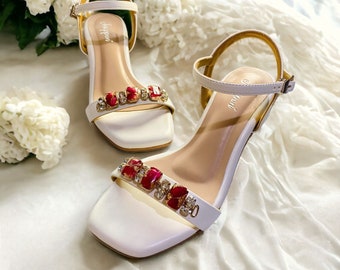 Jeweled White Bridal Shoes, Wedding Resin Rose Shoes of Love