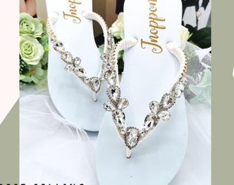 Chanclas blancas de novia con joyas y diamantes de imitación de Jnoppon