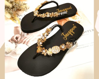 Black Rhinestone Beach Sandals For Women By Jnoppon