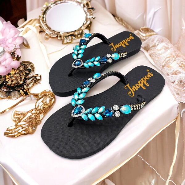 Jeweled Flip Flops, Bling flip flops, Blue sandals for woman, Wedding sandals, Beach wedding sandals, Beach sandals, Rhinestone sandals