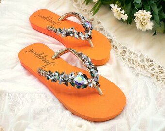 Jeweled Flip Flops, Bling flip flops, Orange sandals for woman, Wedding sandals, Beach wedding sandals, Beach sandals, Rhinestone sandals