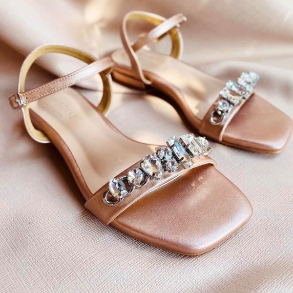 Rose Gold Wedding Sandals, Bridal Shoes, Wedding shoes, Rhinestone-Embellished Shoes, Rhinestone Sandals, Flat Sandals For Bride