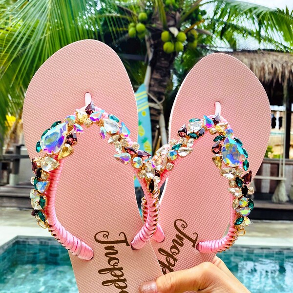 Jeweled Flip Flops, Bling flip flops, Pink sandals for woman, Wedding sandals, Beach wedding sandals, Beach sandals, Rhinestone sandals