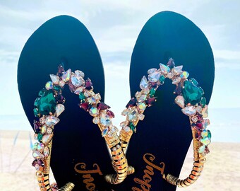 Jeweled Flip Flops, Bling flip flops, Black sandals for woman, Wedding sandals, Beach wedding sandals, Beach sandals, Rhinestone sandals