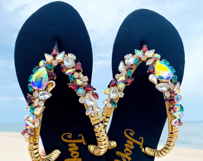 Featured listing image: Jeweled Flip Flops, Bling flip flops, Black sandals for woman, Wedding sandals, Beach wedding sandals, Beach sandals, Rhinestone sandals