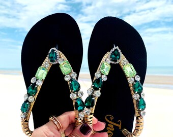 Jeweled Flip Flops, Bling flip flops, Black sandals for woman, Wedding sandals, Beach wedding sandals, Beach sandals, Rhinestone sandals