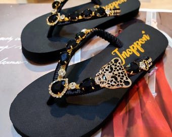 Luxury Black Rhinestone Flip Flops – Handmade Beaded Sandals With Gold Leopard Charm