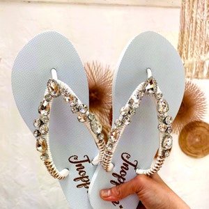 White Bridal Flip Flops, Jeweled Flip Flops, Sandals for woman, Wedding sandals, Beach wedding sandals, Beach sandals, Rhinestone sandals image 6