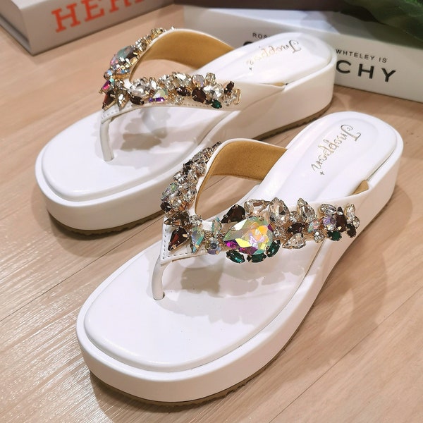 Wedding Platform Sandals, Jeweled Flip Flops, Bling flip flops, White sandals for woman, Wedding sandals, Rhinestone sandals