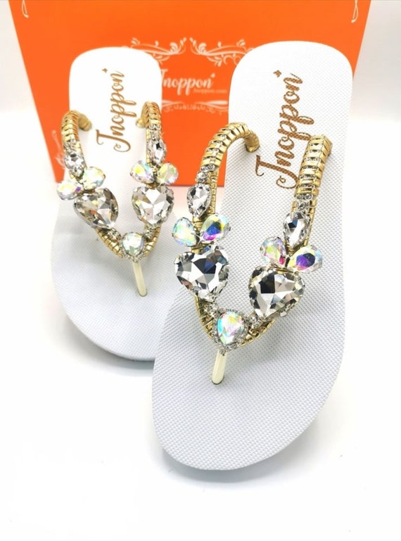 Jeweled Flip Flops Bling Flip Flops White Sandal Sandals Etsy
