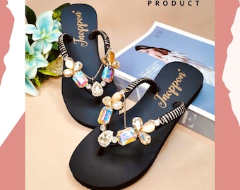 Black Rhinestone Beach Sandals For Women By Jnoppon