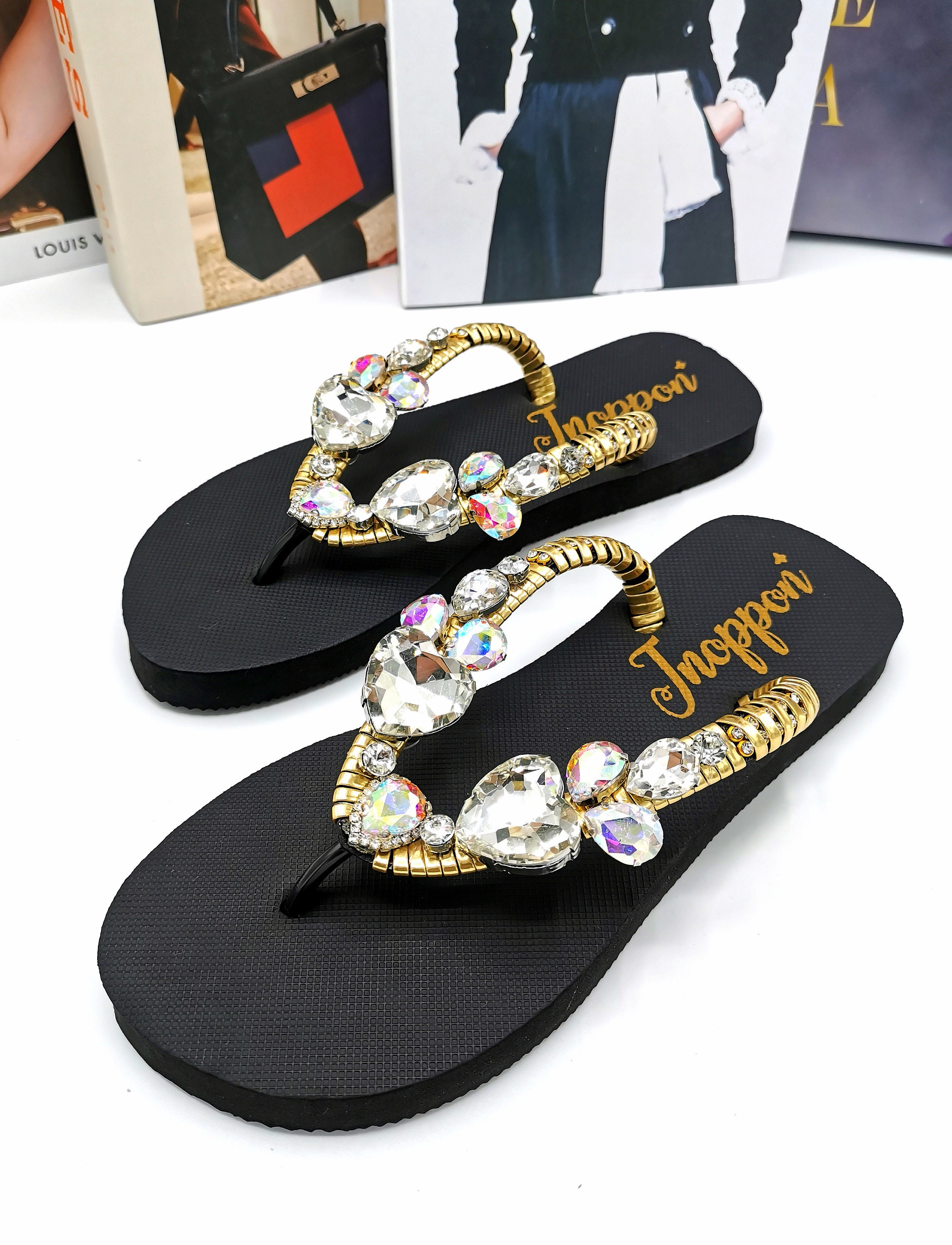 Buy Jeweled Flip Flops Bling Flip Flops Black Rhinestone Sandals Beach  Sandals Black Shoes for Women White Sparkle Sandals BY JNOPPON Online in  India 