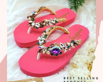 Sandali da spiaggia fucsia rosa con strass gioiello per donna di Jnoppon