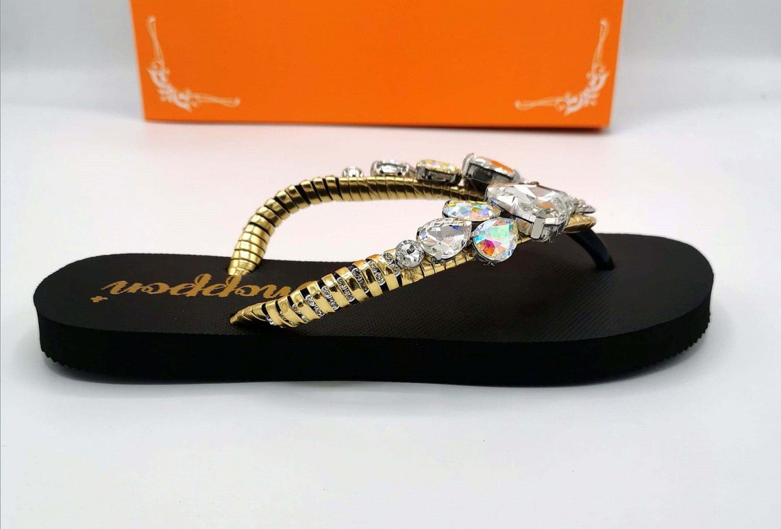 Bling flip flops Black Rhinestone Sandals Beach Sandals Black Etsy