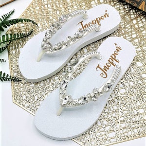 White Bridal Flip Flops, Jeweled Flip Flops, Sandals for woman, Wedding sandals, Beach wedding sandals, Beach sandals, Rhinestone sandals image 2