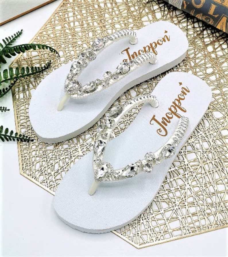 White Bridal Flip Flops, Jeweled Flip Flops, Sandals for woman, Wedding sandals, Beach wedding sandals, Beach sandals, Rhinestone sandals image 2