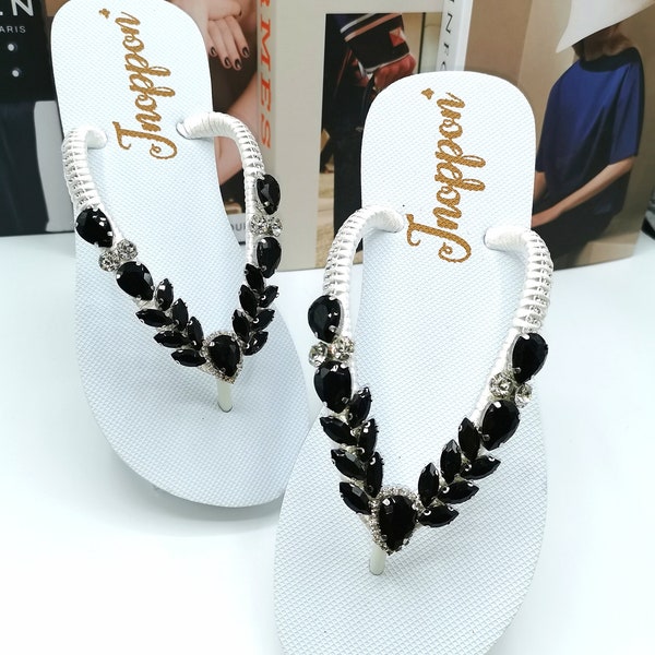 Jeweled Flip Flops, Bling flip flops, White sandals for woman, Wedding sandals, Beach wedding sandals, Beach sandals, Rhinestone sandals