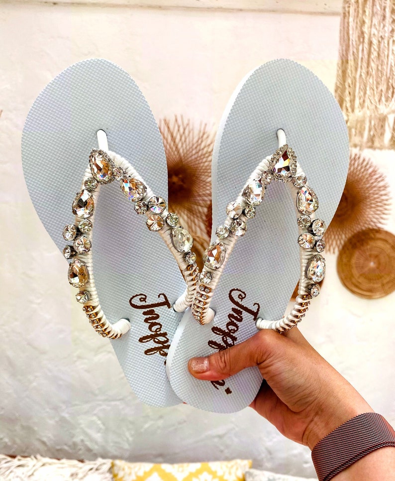 White Bridal Flip Flops, Jeweled Flip Flops, Sandals for woman, Wedding sandals, Beach wedding sandals, Beach sandals, Rhinestone sandals image 6