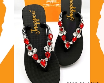Red Rhinestone Beach Black Sandals For Women By Jnoppon