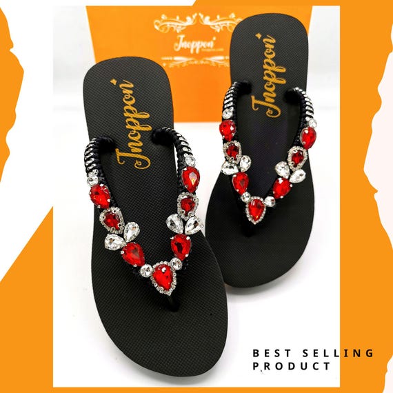 Red Rhinestone Beach Black Sandals for Women by Jnoppon Etsy