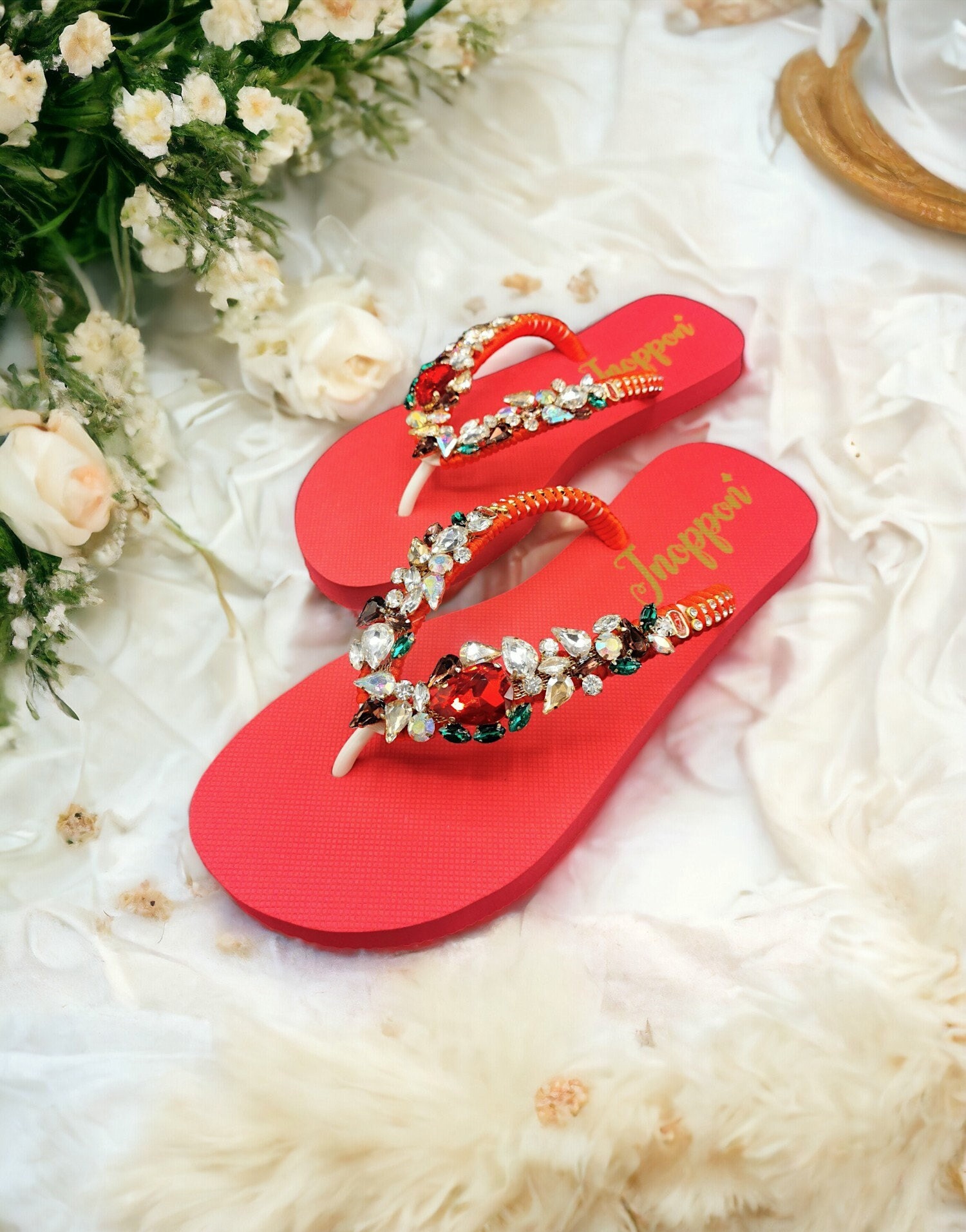 Red flip flops with rhinestones clearance