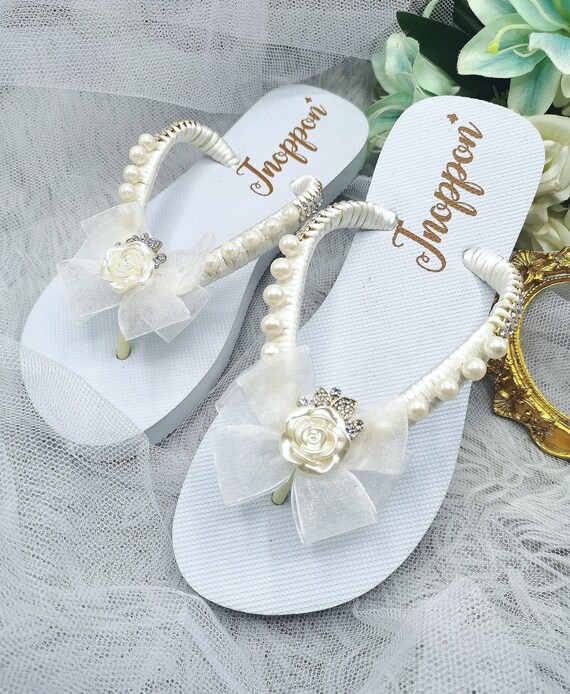 Rose Pearl Bridal Flip Flops White Bridal Flip Flops Rhinestone