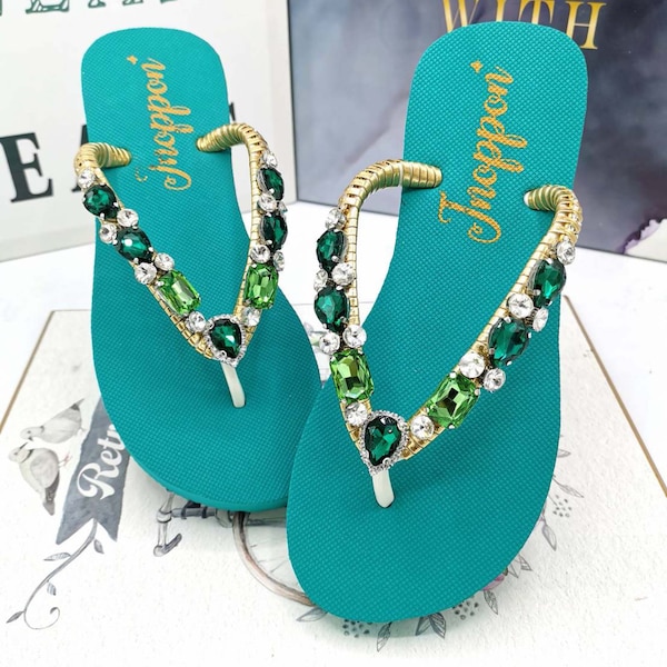 Jeweled Flip Flops, Bling flip flops, Green sandals for woman, Wedding sandals, Beach wedding sandals, Beach sandals, Rhinestone sandals