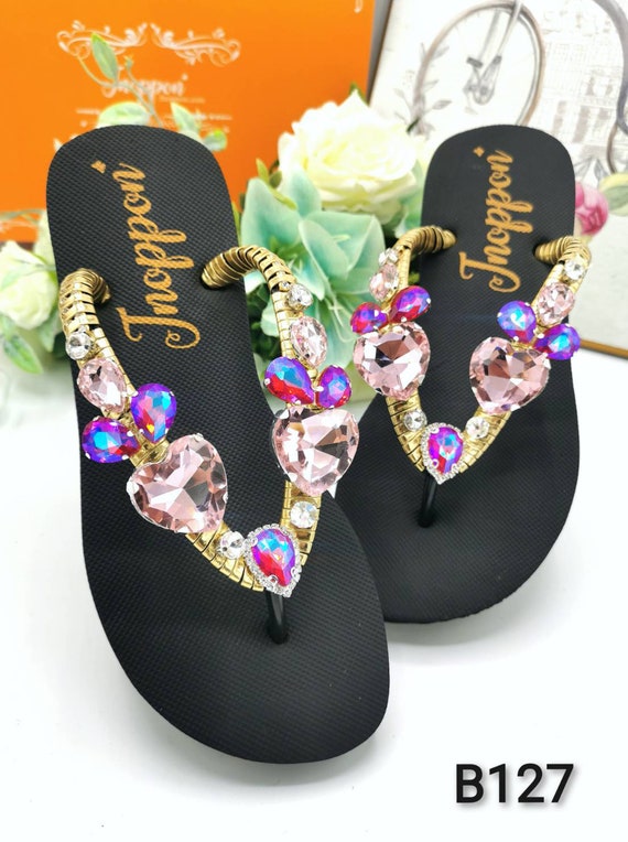 Jeweled Flip Flops Bling Flip Flops Pink Rhinestone Sandals Beach Sandals  Black Shoes for Women Pink Sparkle Sandals BY JNOPPON 