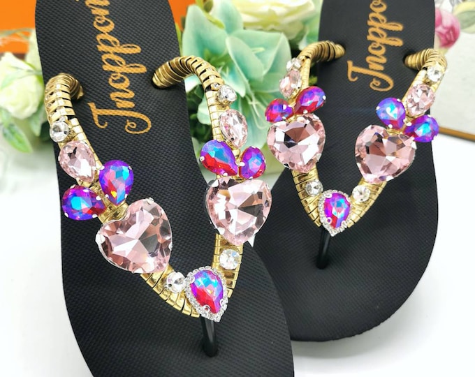 Featured listing image: Jeweled Flip Flops Bling Flip Flops Pink Rhinestone Sandals Beach Sandals Black Shoes For women Pink Sparkle Sandals BY JNOPPON