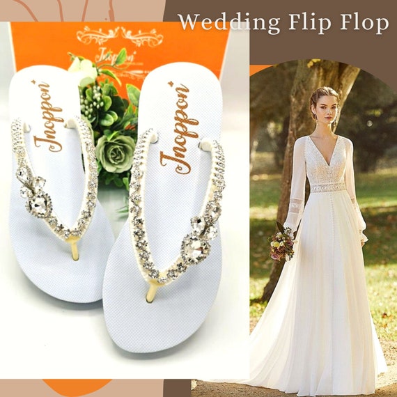 White Bridal Flip Flops, Jeweled Flip Flops, Wedding Sandals