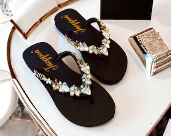 Jeweled Flip Flops Bling Flip Flops Black Rhinestone Sandals Beach Sandals Shoes