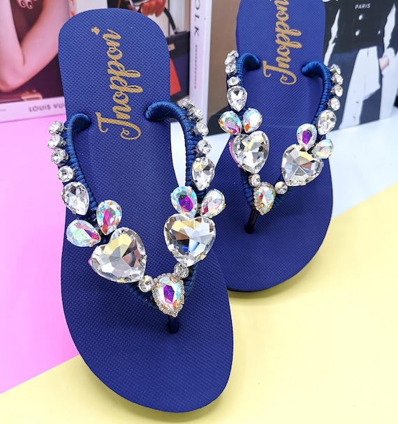 Jewelled Sparkle Sandals Rhinestone Heart Shape Blue Flip Flops BY JNOPPON Etsy Canada