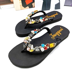 Jeweled Flip Flops, Bling flip flops, Black sandals for woman, Wedding sandals, Beach wedding sandals, Beach sandals, Rhinestone sandals