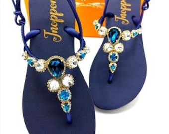 Boho Jeweled Flip Flops: Rhinestone Beach Wedding Sandals