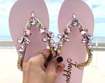 Jeweled Rhinestone Pink Flip Flops For Women By Jnoppon