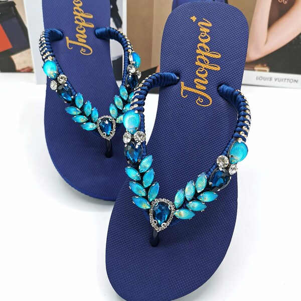Flip Flops w Rhinestones Dark Indigo