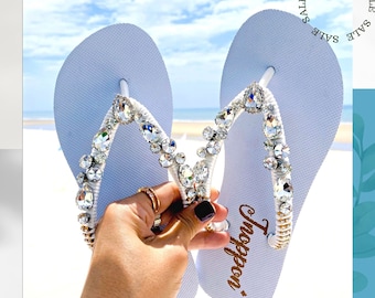 White Bridal Flip Flops, Jeweled Flip Flops, Sandals for woman, Wedding  sandals, Beach wedding sandals, Beach sandals, Rhinestone sandals