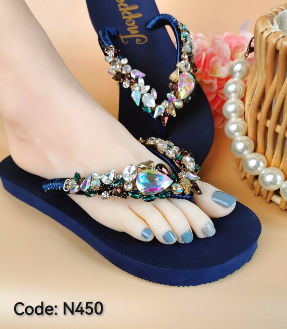 Jeweled Flip Flops Bling Flip Flops Blue Sandals for Woman - Etsy