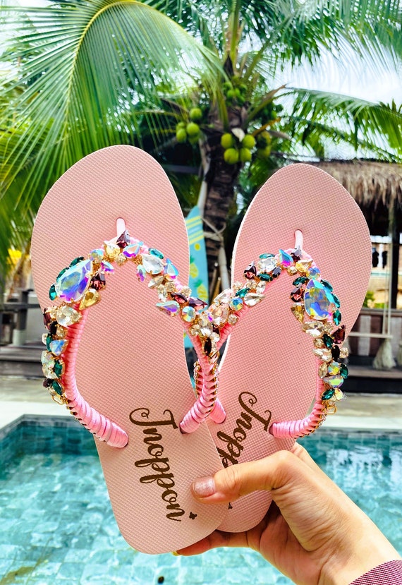 Jeweled Flip Flops, Bling Flip Flops, Pink Sandals for Woman