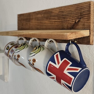 Wooden Coffee Mug Rack with Shelf and Hooks, Coffee Bar Organizer, Kitchen Storage, Perfect for Coffee Stations/Great Gift for Coffee Lover